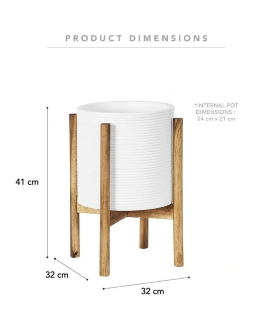 Ceramic Pot On Acacia Wood Stand 41cm In White -Home Décor Sales