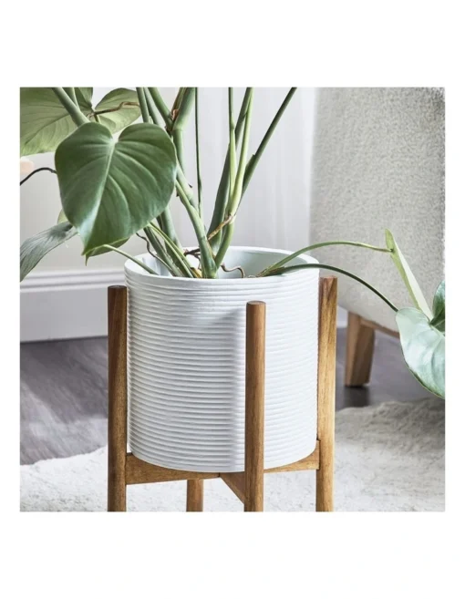 Ceramic Pot On Acacia Wood Stand 41cm In White -Home Décor Sales