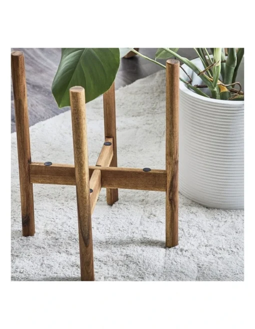 Ceramic Pot On Acacia Wood Stand 41cm In White -Home Décor Sales