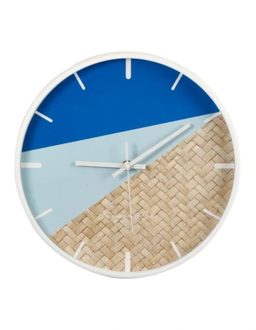 Cayman Silent Movement Round Wall Clock In 30cm Blue/Rattan -Home Décor Sales