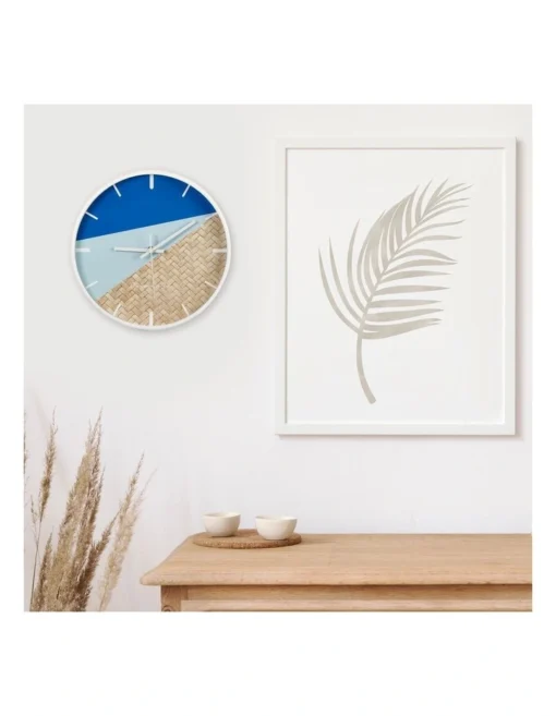Cayman Silent Movement Round Wall Clock In 30cm Blue/Rattan -Home Décor Sales