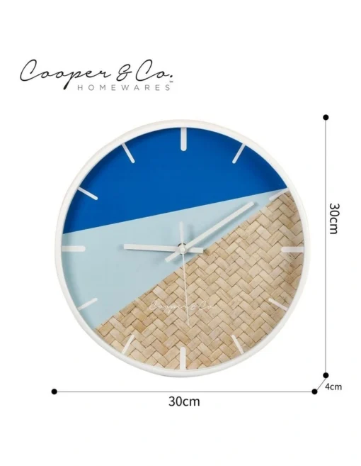 Cayman Silent Movement Round Wall Clock In 30cm Blue/Rattan -Home Décor Sales