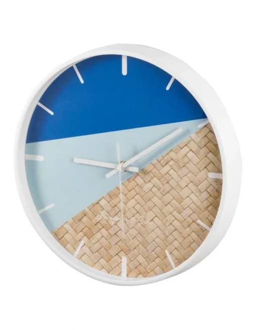 Cayman Silent Movement Round Wall Clock In 30cm Blue/Rattan -Home Décor Sales