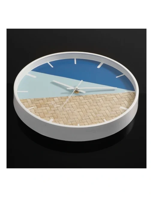 Cayman Silent Movement Round Wall Clock In 30cm Blue/Rattan -Home Décor Sales